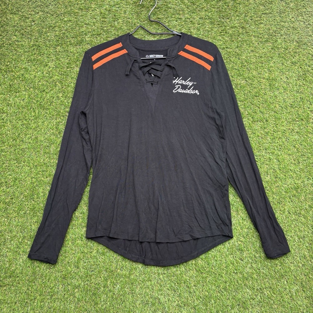 Harley Davidson Shirt Womens Medium Tie Front Flowy Long Sleeve Black Motorcore